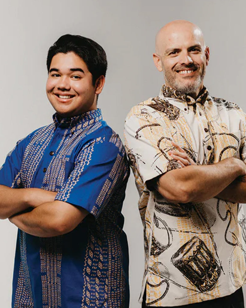 two men in printed kapa shirts 